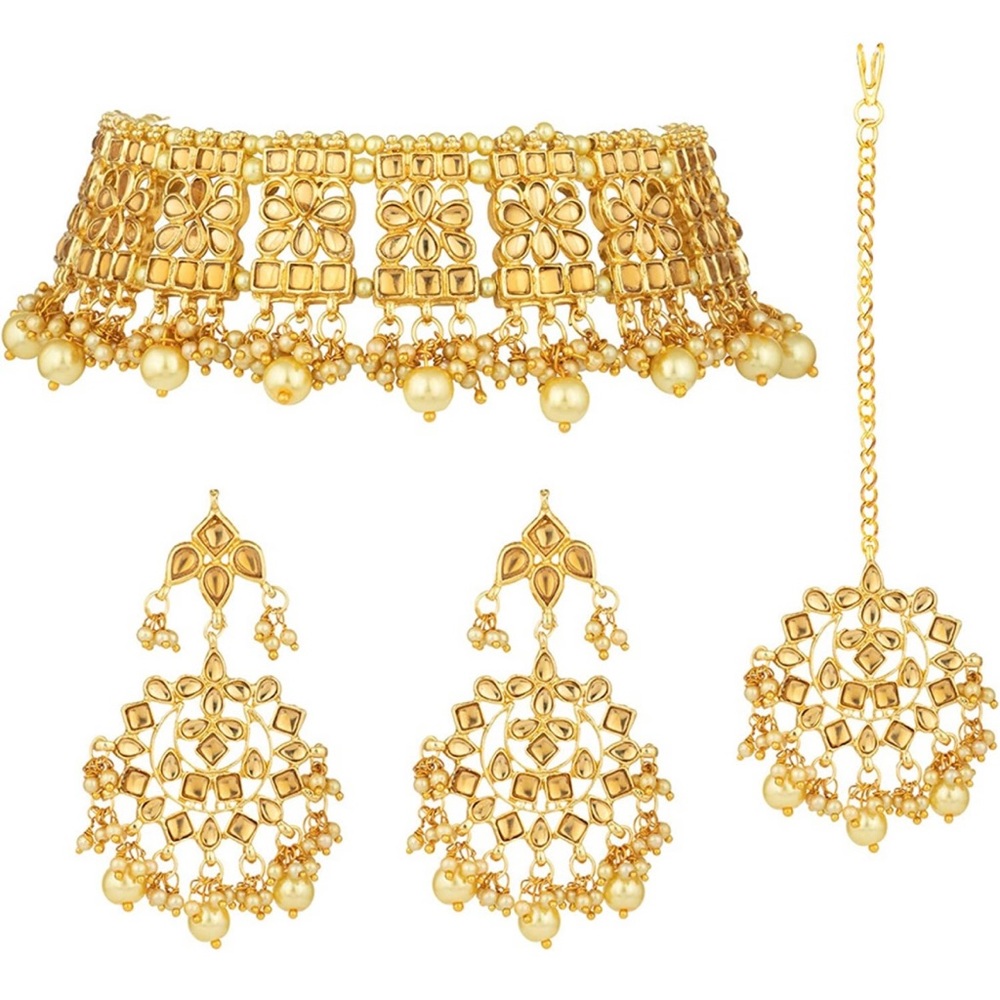 Aheli Faux Kundan Necklace Earrings Maang Tikka Set Indian Jewelry Set for Women